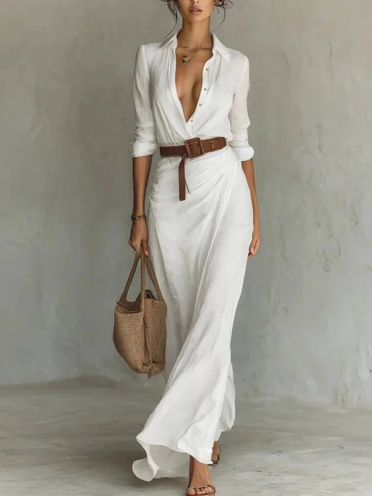 Elegant Solid Color Irregular Pleated Dress Belt Women's Autumn New Item Single Breasted Long Sleeved Shirt Long Frock Vestidos