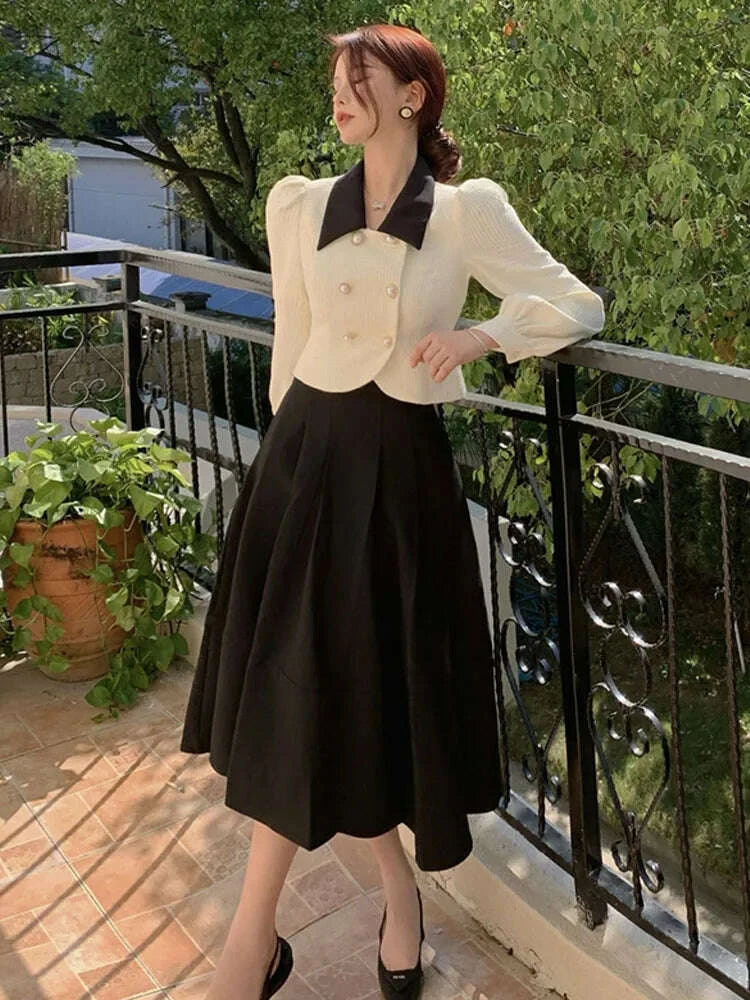 KIMLUD, 2023 Spring Elegant Two Piece Set Women Casual Slim Korean Coat + Black Pleated Gothic Vintage Midi Skirt Office Lady Skirt Srts, KIMLUD Womens Clothes