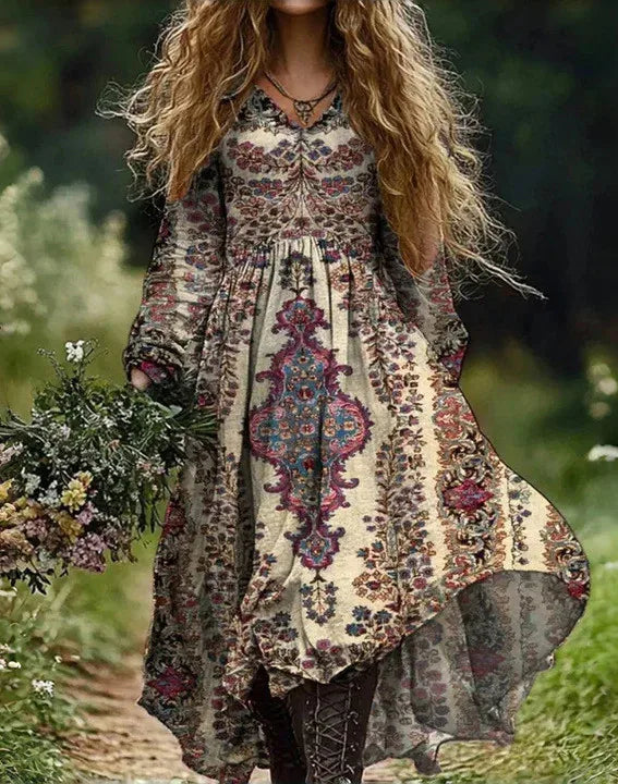 Boho Vintage Print Long Dresses For Women 2025 Casual V Neck Full Sleeve Splice High Waist Loose Dress Autumn Fashion Vestidos