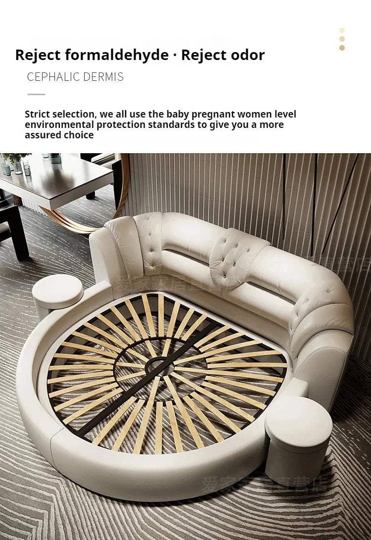 European Style Round Bed Luxury Leather Surface — Ivory White | KIMLUD
