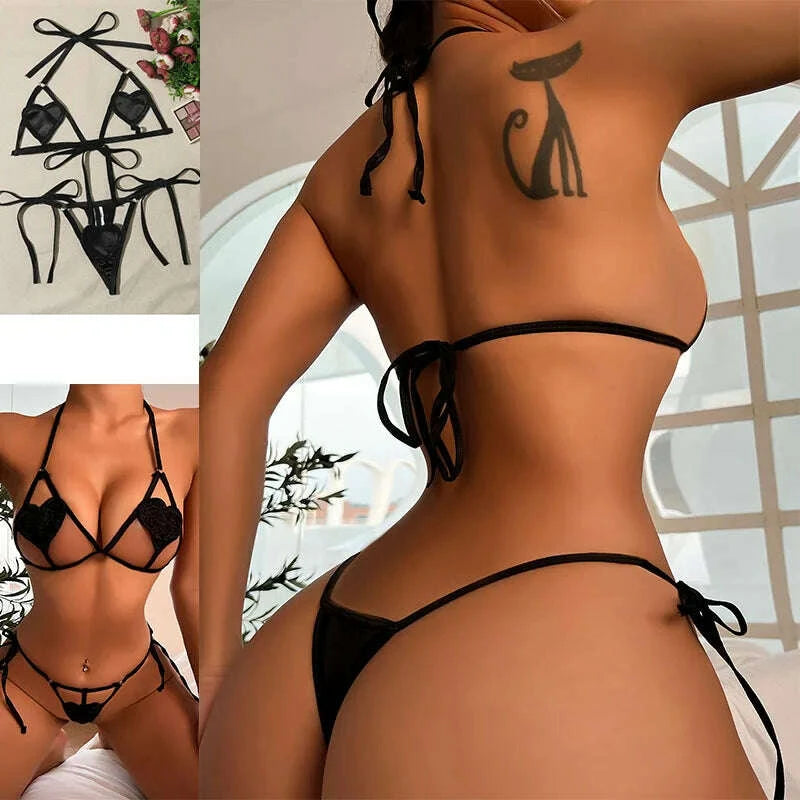 KIMLUD, Sexy Fancy Bow Tie Underwear Women Sexy Lingerie Lace Hollow Out Bra Set Erotic Bikinis Porn 2Piece Sex Set Transparent Clothes, KIMLUD Womens Clothes