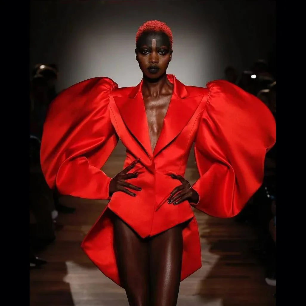 Couture Red Asymmetrical Women Blazer Dresses Oversize Puff Sleeves Mini Women Dress To Party Costumes For Stage Show