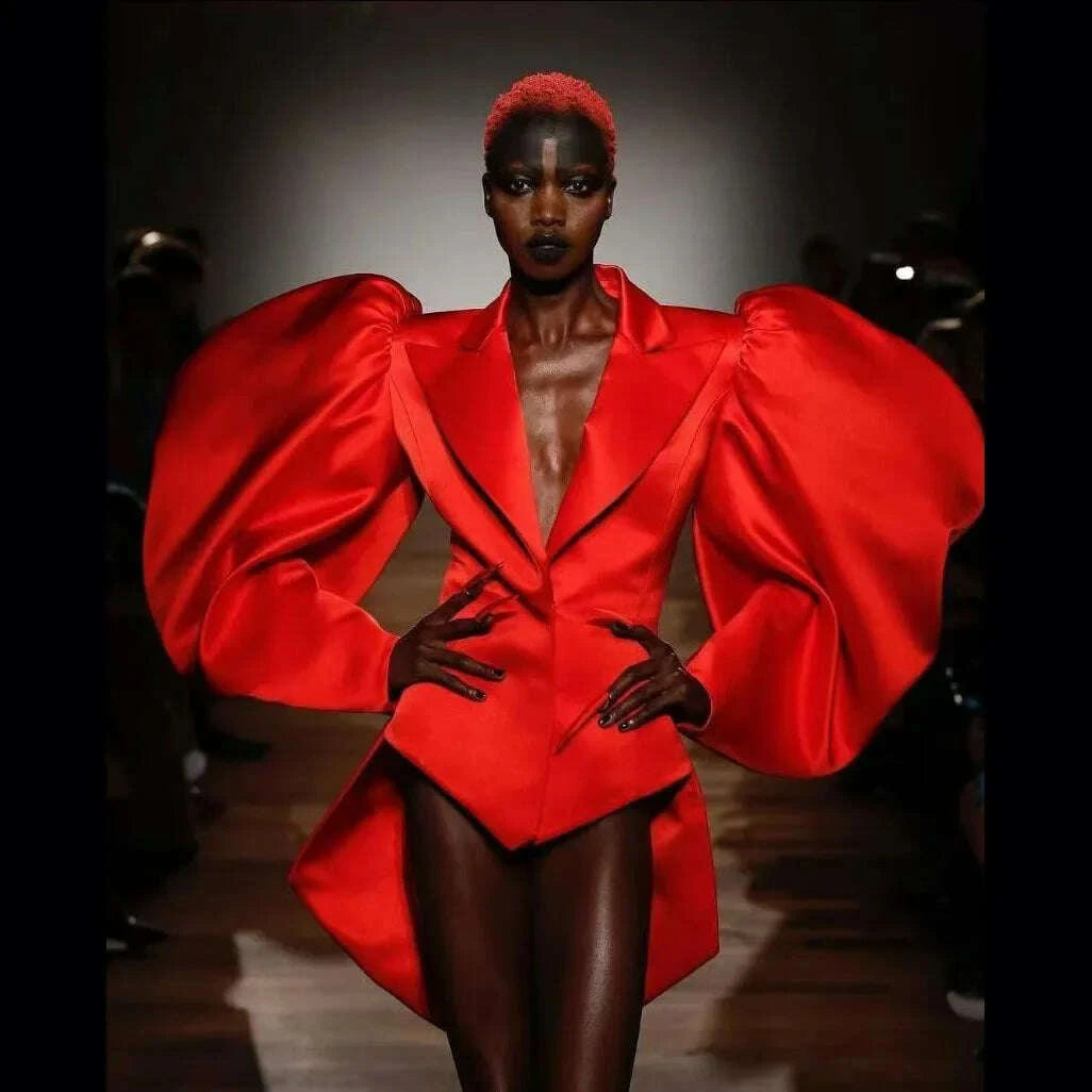 Couture Red Asymmetrical Women Blazer Dresses Oversize Puff Sleeves Mi Couture Red Asymmetrical Women Blazer Dresses Oversize Puff Sleeves Mi