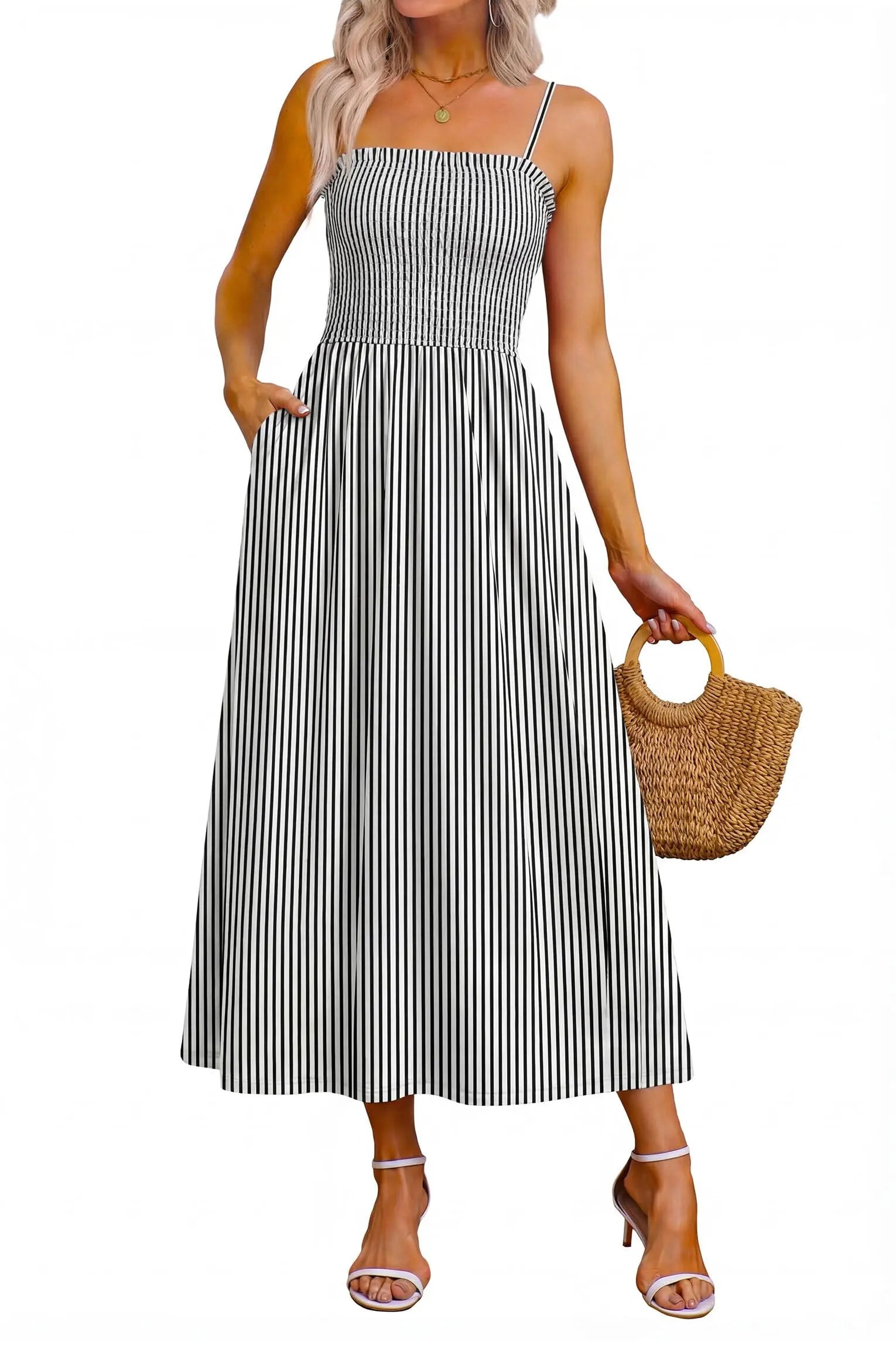 Spaghetti Strap Maxi Dress – Smocked Waist – Polyester Fiber | KIMLUD