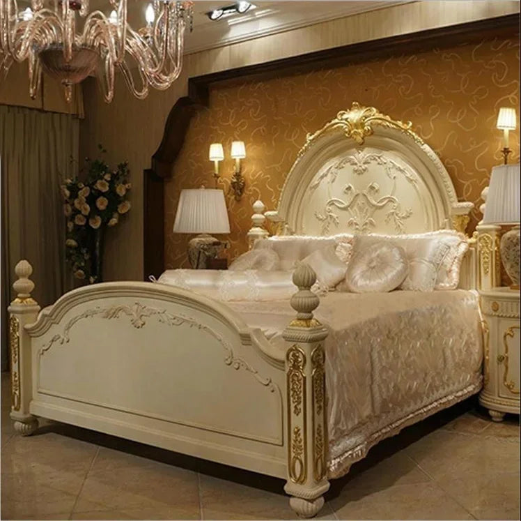 Solid Wood Carved Bed Antique French Style — Ivory | KIMLUD
