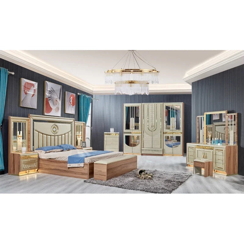 Gold Wood Double Leather King Size Bed Meuble De Chambre a Coucher Complet Wooden Modern Home Full Bedroom Furniture Set