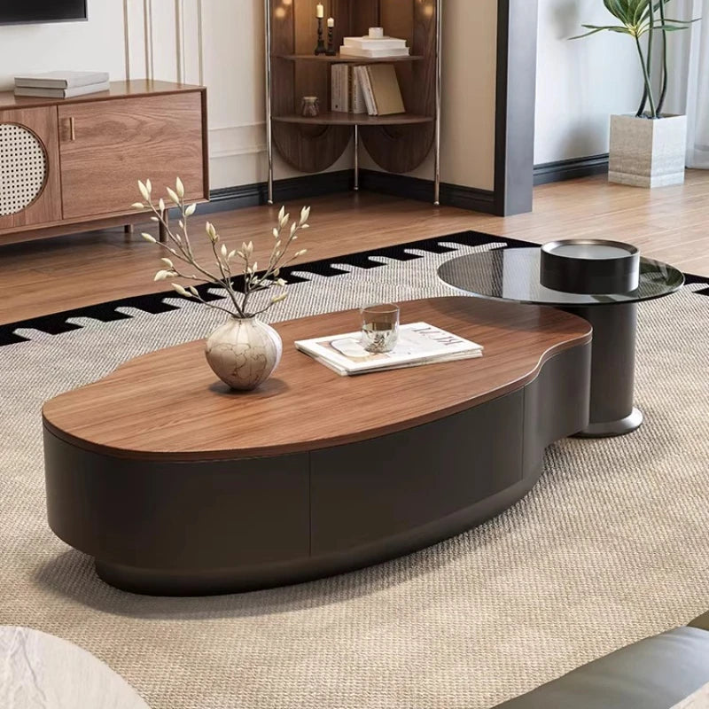 Solid Wood Minimalist Modern Coffee Table With Integrated Storage And Sculpted Edges — Walnut | KIMLUD