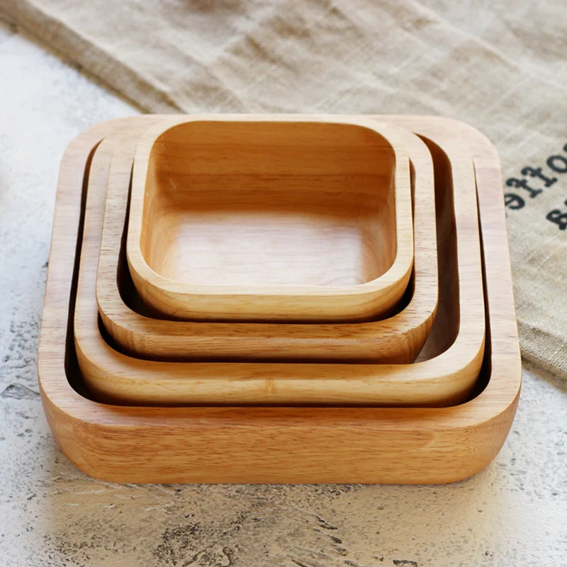 1Pc Square Wood Bowl 4 Size Fruit Salad Bowl Large Small Wooden Plate Snack Dessert Serving Dishes Food Container Wood Tableware
