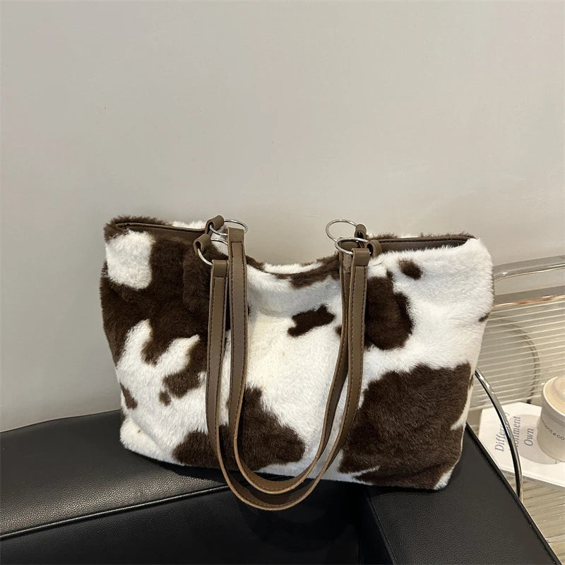 KIMLUD, Large Capacity Shopper Bags For Women Winter Travel Tote Bag Cow Printing Plush Shoulder Bag Ladies Handbag Designer Bolsos, KIMLUD Womens Clothes