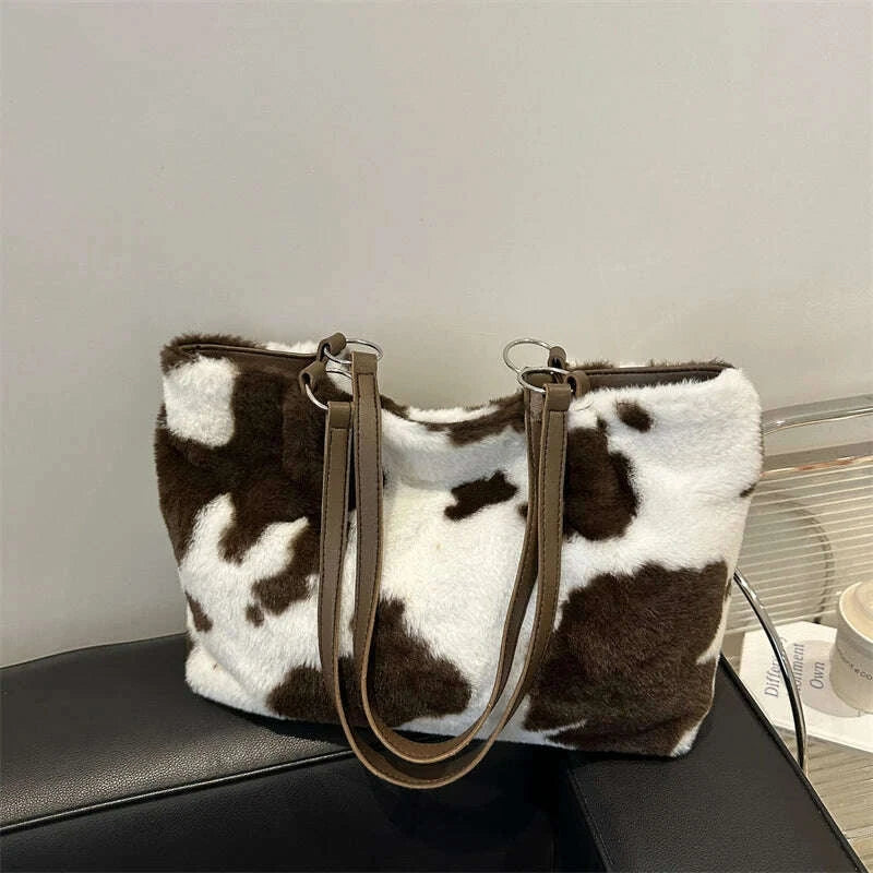 KIMLUD, Large Capacity Shopper Bags For Women Winter Travel Tote Bag Cow Printing Plush Shoulder Bag Ladies Handbag Designer Bolsos, KIMLUD Womens Clothes