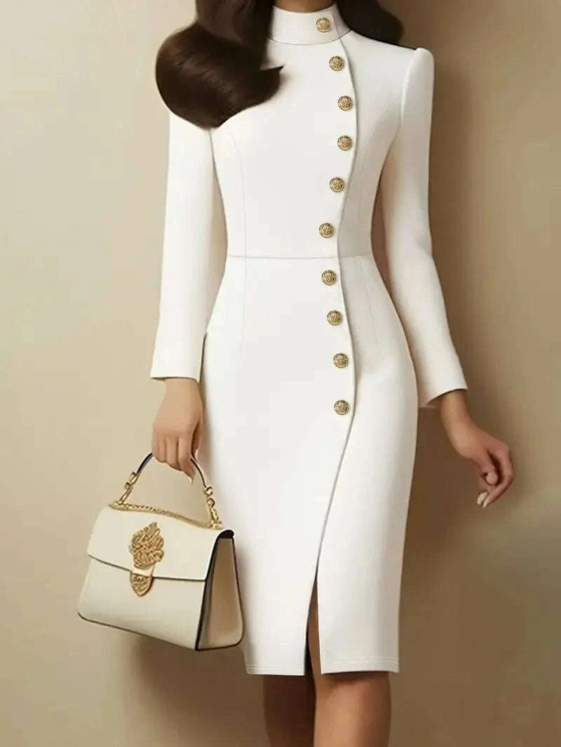 KIMLUD, Women's Stand Collar Midi Dress Metal Single-Breasted Long Sleeve Split Hem European Retro Elegant Slim-Fit Autumn Solid Color, KIMLUD Womens Clothes