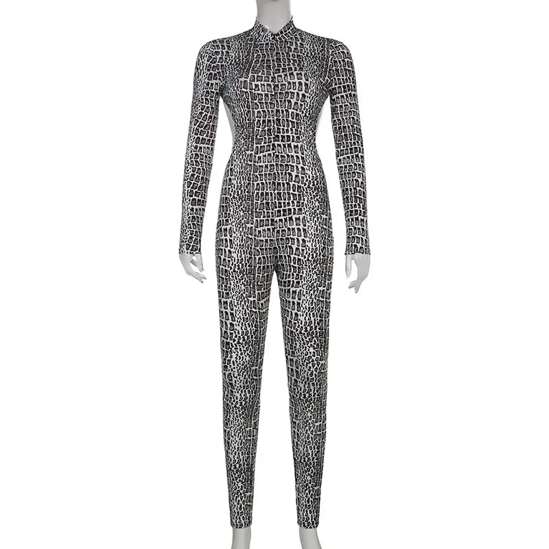 Jumpsuit – Snakeskin Print Backless – Polyester | KIMLUD