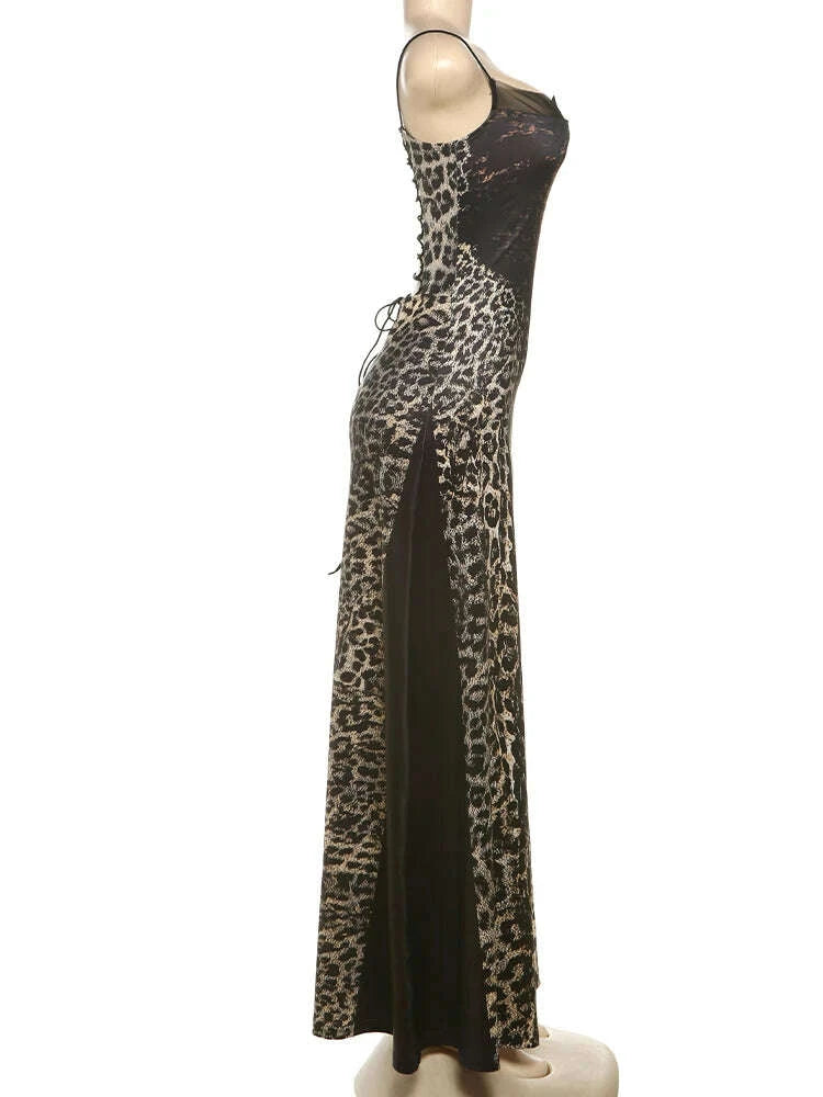 KIMLUD, kliou Suspendency Maxi Dress Women Leopard Panelled Draped Backless Lace Up Sheath Long Robe Female Classic Party Club Vestidos, KIMLUD Womens Clothes