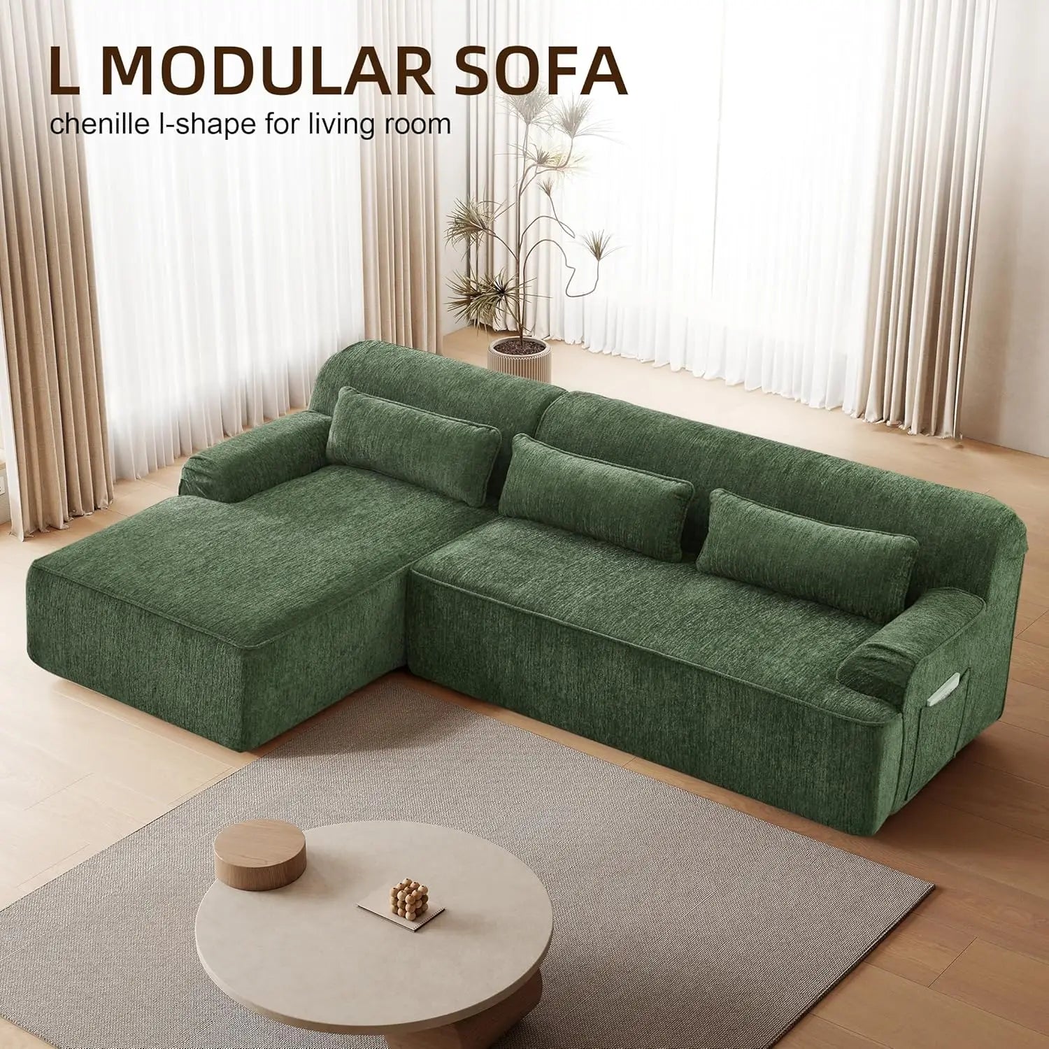Chenille L-Shaped Sectional Sofa Left-Facing 102in — Moss Green | KIMLUD
