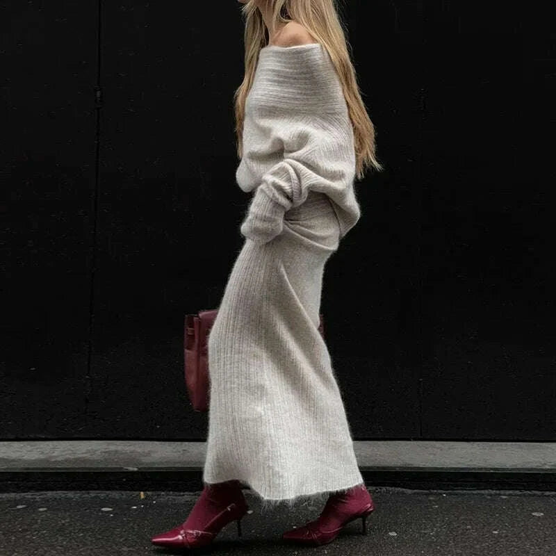 KIMLUD, Knitting Off The Shoulder Long Sleeve Women'S Tops Skirt Women'S Sets Sweatshits Sweater Streetwear Wholesale Clothes, KIMLUD Womens Clothes