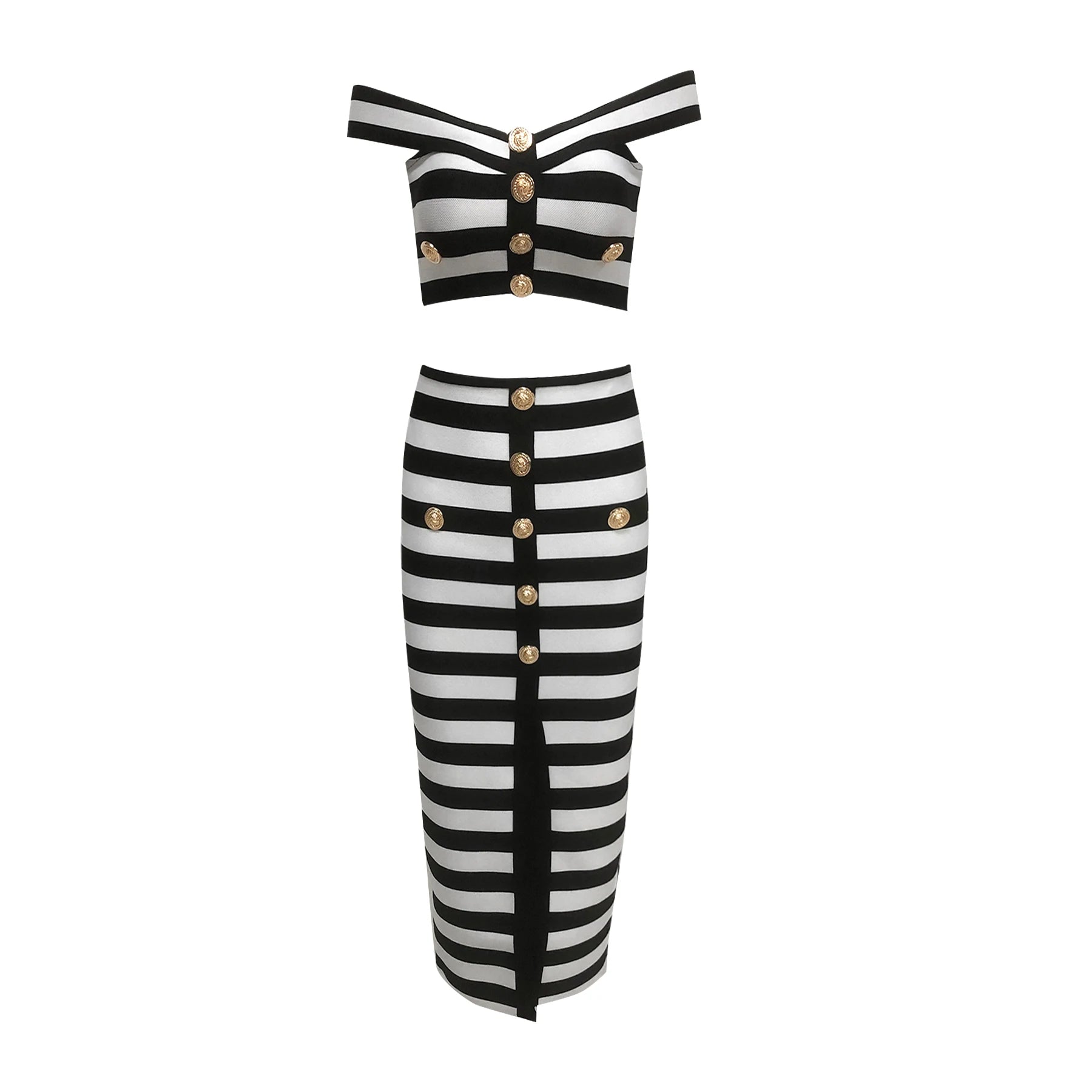 VC Stylish Black & White Color Block Off-Shoulder Striped Ensemble with Button Midi Dress Suit for Date Night Glam Gown