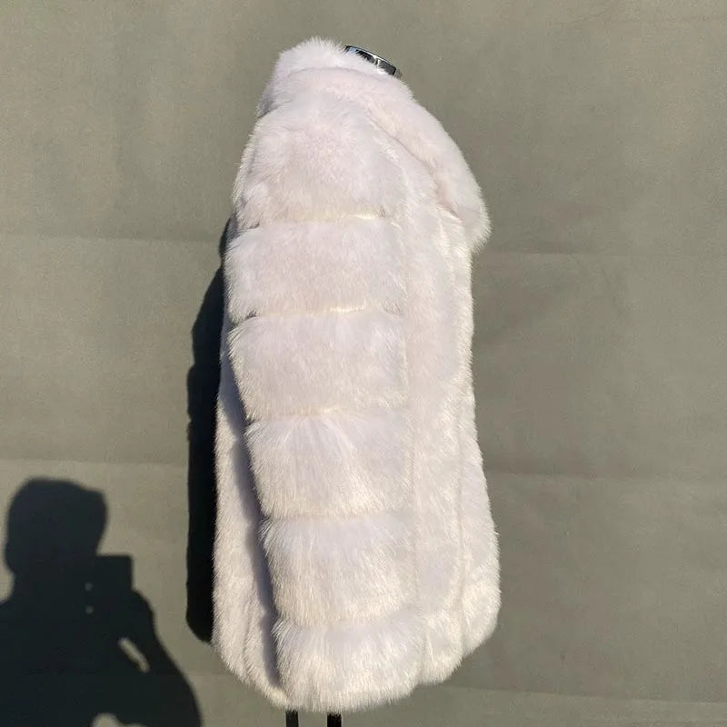 2025 Winter Women's Mid-Length Faux Fox Fur Coat Plush Luxe Warm faux fur Trench Elegant Thermal Outerwear Faux Fur Tops