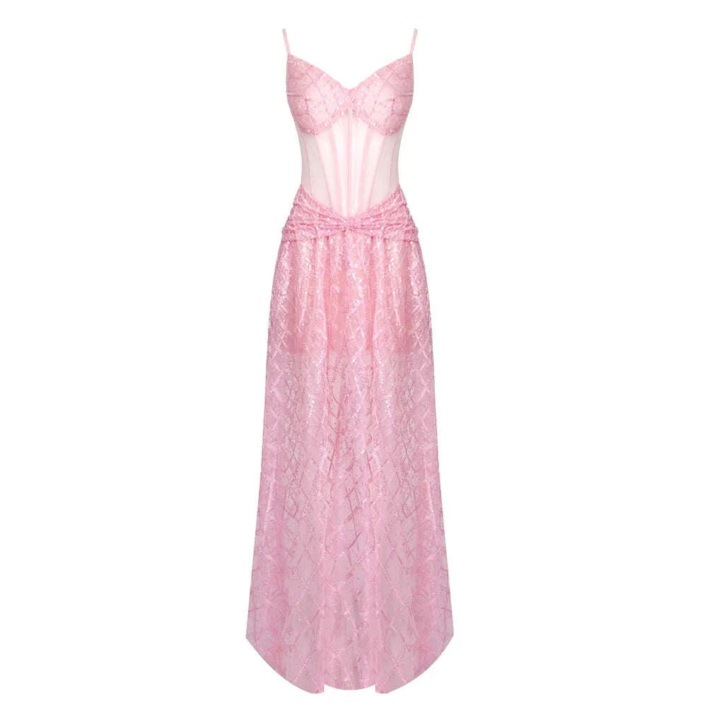 KIMLUD, VC Sparkling Pink Off-Shoulder Sequins Dress with Dramatic High Slit for Party Prom Evening Gown, KIMLUD Womens Clothes