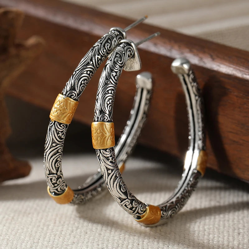 Hoop Earrings – Two-tone Textured Design – Copper Metal – Silver | KIMLUD