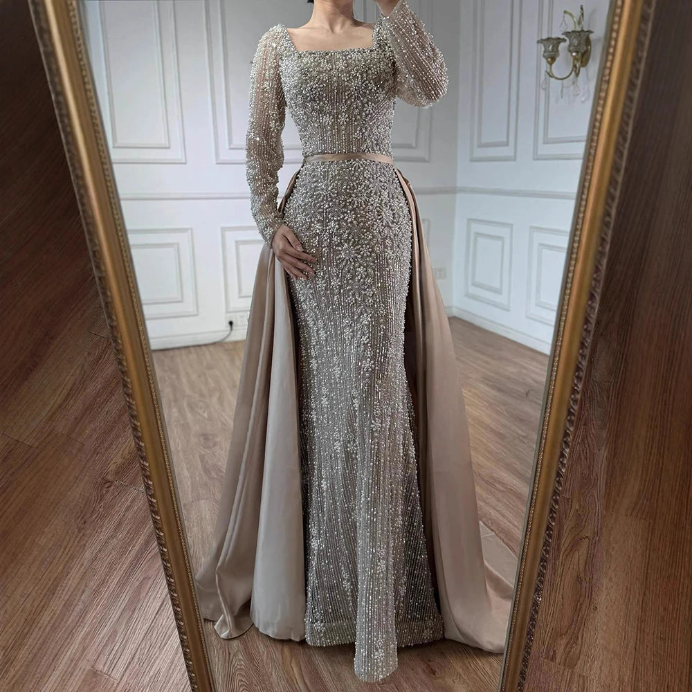 Mermaid Beaded Evening Gown With Overskirt And Built-In Bra In Luxe Beadwork — Caramel | KIMLUD