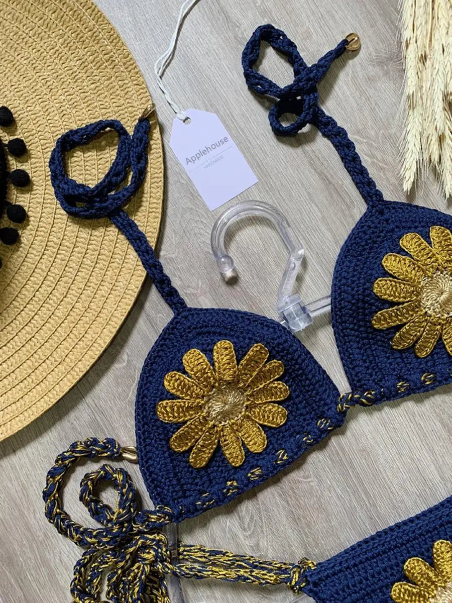 Crochet Bikini Set With Gold Floral Appliqués — Navy | KIMLUD
