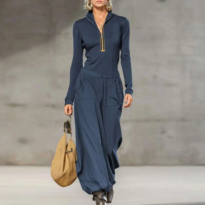 Retro Solid Zipper Hooded Top Pullover+High Waist Pants Outfit Woman Sexy Stand Collar Overalls Suit Chic Long Sleeve Autumn Set Retro Solid Zipper Hooded Top Pullover+High Waist Pants Outfit Woman Sexy Stand Collar Overalls Suit Chic Long Sleeve Autumn Set