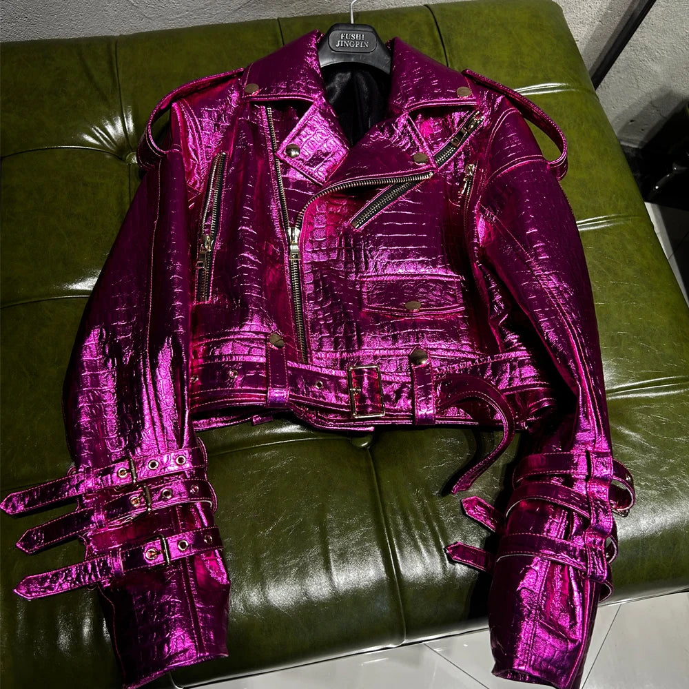 Shiny Blue Women Leather Jacket Real Lambskin Leather Cloth Streetwear Leather Jackets