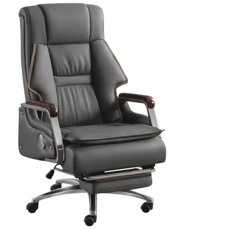 Full-Grain Leather Office Chair Nordic Ergonomic Deluxe Swivel Recliner — Black | KIMLUD