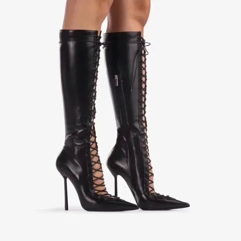 Mesh Leopard Cross Tie Knee-High Boots — Gray | KIMLUD