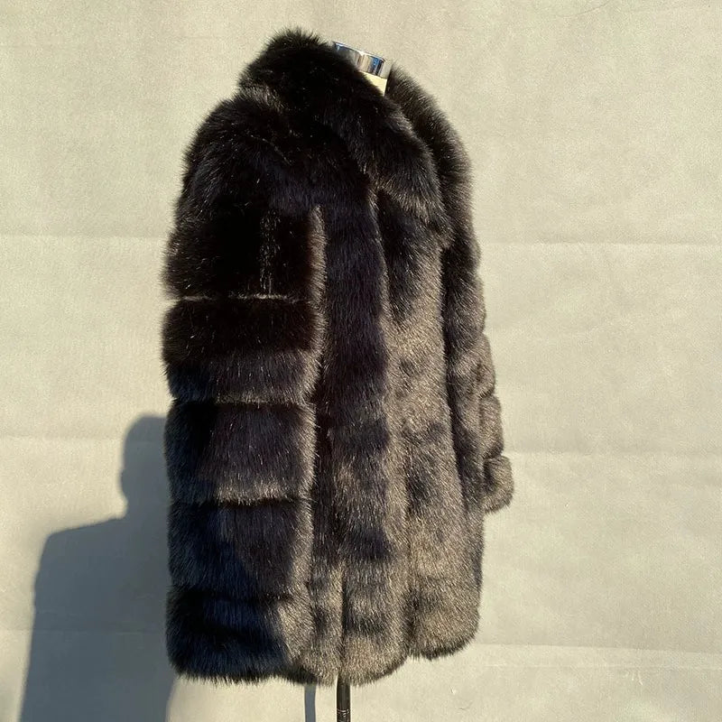 2025 Winter Women's Mid-Length Faux Fox Fur Coat Plush Luxe Warm faux fur Trench Elegant Thermal Outerwear Faux Fur Tops