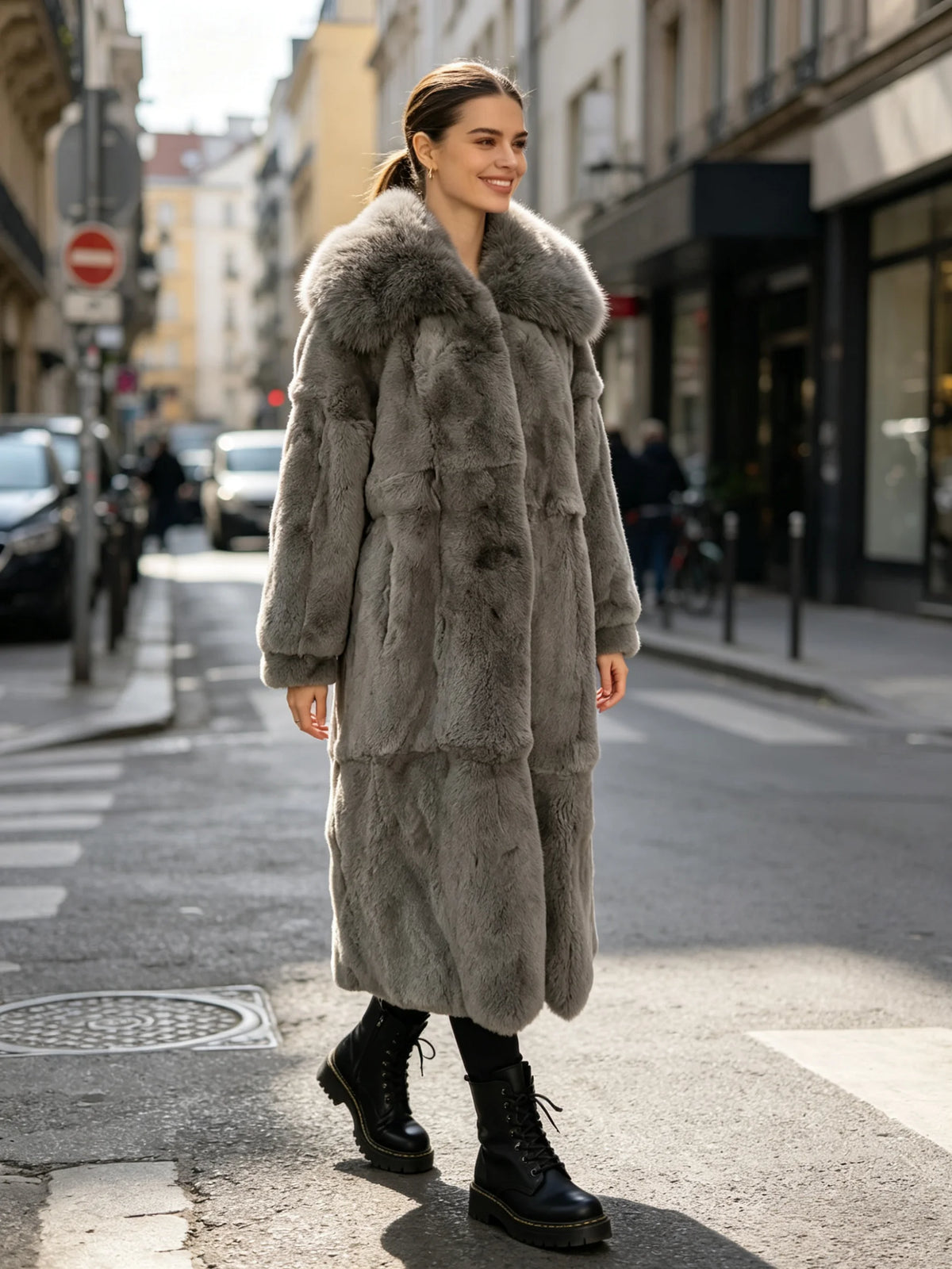Rabbit Fur Coat – X-Long Rex Rabbit Fur – Fox Fur Collar | KIMLUD