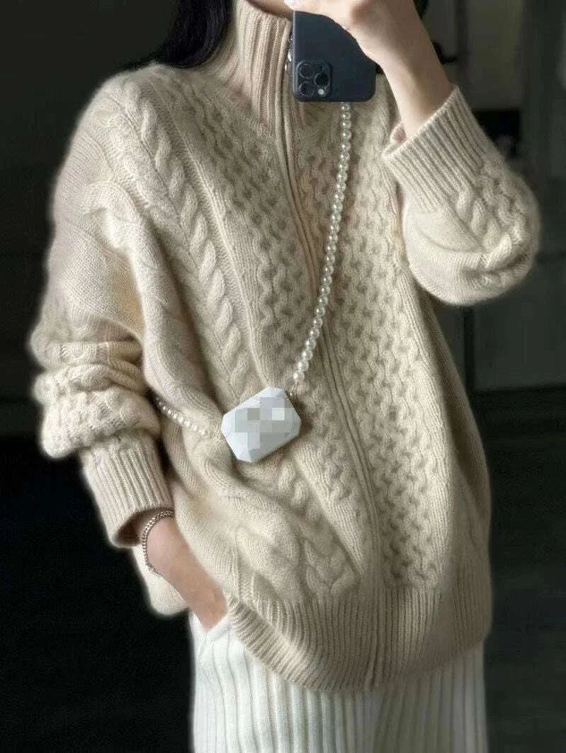 KIMLUD, Autumn And Winter New Thick Turtleneck Knitted Cardigan Women's Loose Wool Sweater Cardigan Larg Size Female Jacket Top, KIMLUD Womens Clothes