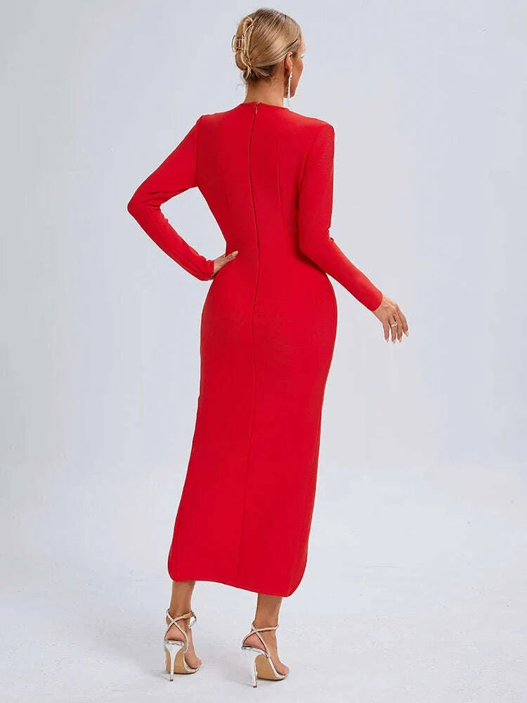 KIMLUD, VC Sexy Red Deep V Plunge Long Sleeves Ruched Bandage Dress Women Pleated Bodycon Maxi Long Evening Party Club Gown, KIMLUD Womens Clothes