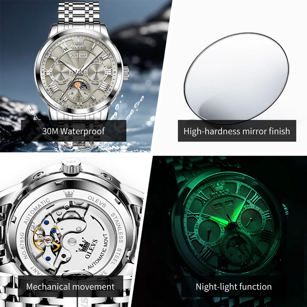 Stainless Steel Mens Watch Moon Phase Automatic — Silver | KIMLUD