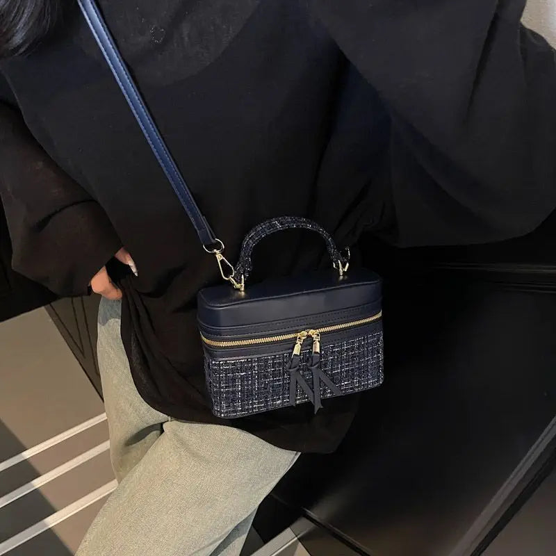 Bouclé-Textured Polyester Square Box Crossbody Bag — Navy | KIMLUD