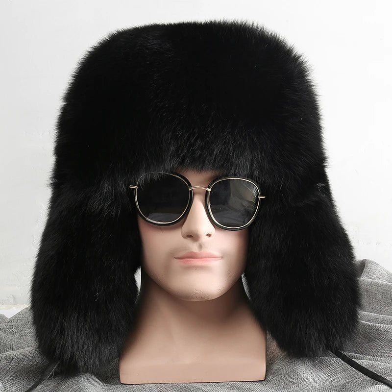 2025 Winter 100% Real Silver Fox Fur Bomber Hat Raccoon Fur Ushanka Cap Trapper Russian Men's Ski Hats Caps