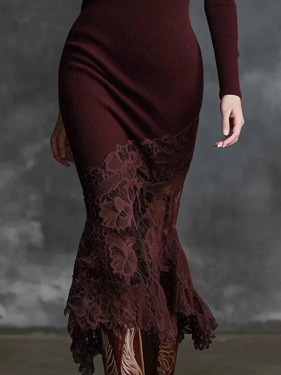 KIMLUD, Women's Sexy Lace Splicing Long Dress High Neck Slim Fit Long Sleeve Wine Red Maxi Dress for Autumn Comfortable Evening Wear, KIMLUD Womens Clothes
