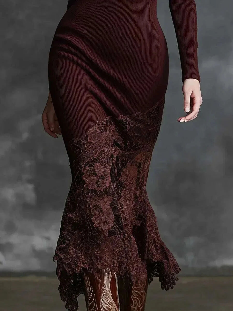 KIMLUD, Women's Sexy Lace Splicing Long Dress High Neck Slim Fit Long Sleeve Wine Red Maxi Dress for Autumn Comfortable Evening Wear, KIMLUD Womens Clothes