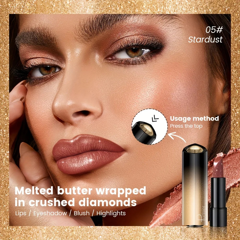 Metallic Shimmer Lipstick, Pearly Glitter Shine, Creamy Texture, High Color Payoff, Smooth Apply, Party Makeup