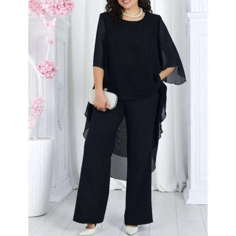 KIMLUD, Elegant 2 Pieces Sets Woman's Chiffon Solid Mid-Sleeve Layered ruffled edges Long Top & Straight-leg Trousers Pants Sets Outfits, KIMLUD Womens Clothes