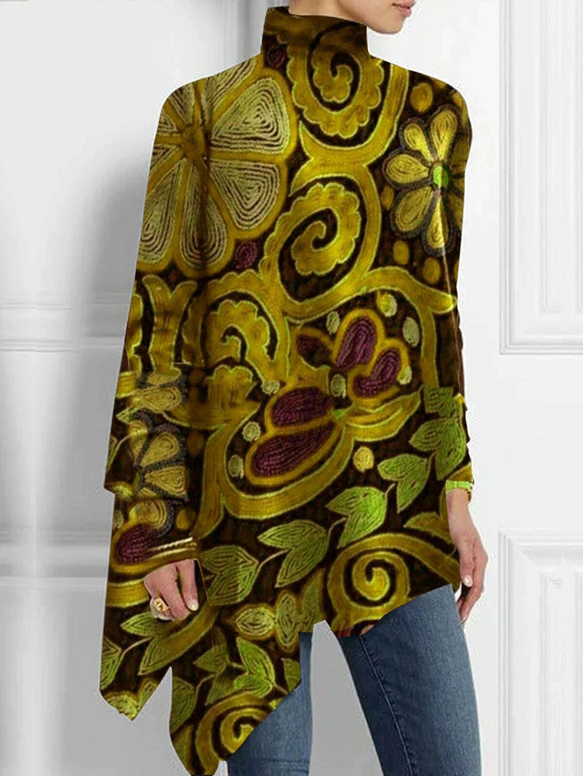 KIMLUD, Women's Plus Size Irregular Hem Blouse Autumn Winter Fashion Retro Long Sleeve T-Shirt Turtleneck Casual Loose Asymmetrical Top, KIMLUD Womens Clothes