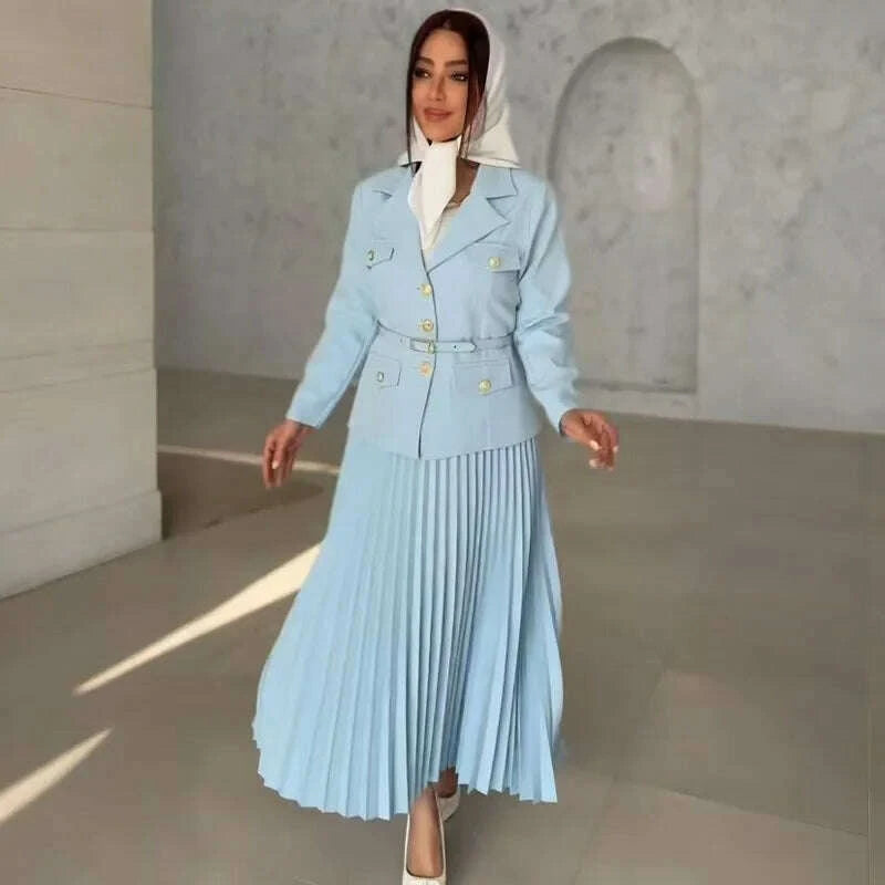 KIMLUD, Elegant Women Two Pieces Set Single-breasted Lapel Jacket Coat Belt Pleated Midi Skirt Suit 2025 office Lady New In Matching Set, KIMLUD Womens Clothes