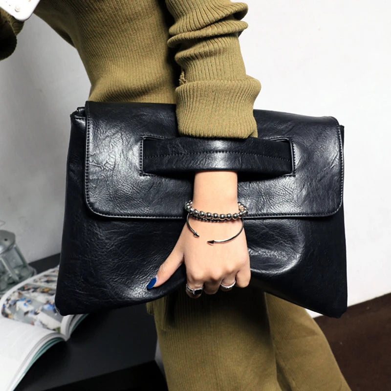 PU Leather Envelope Crossbody Clutch — Black | KIMLUD