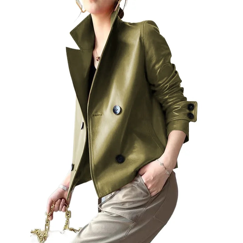 Modigirl Autumn Winter Green Faux Leather Jackets Women 2024 New Outwear Long Sleeves PU Leather Short Coats Outwear for Female