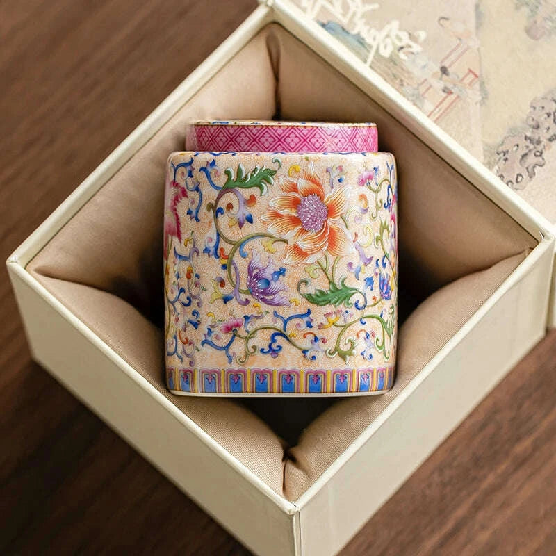 KIMLUD, Chinese Ceramic Tea Caddy Painted Jewelry Box Home Seal Candy Nuts Coffee Beans Storage Jar Kitchen Container Home Decoration, KIMLUD Womens Clothes