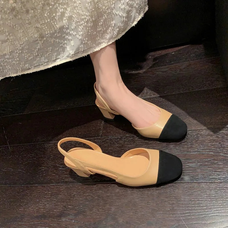 2025 Summer Genuine Leather Sandals for Women Silver Nude Medium Heels Summer Shoe Two-Tone Block Heeled Pumps Lady Office Party
