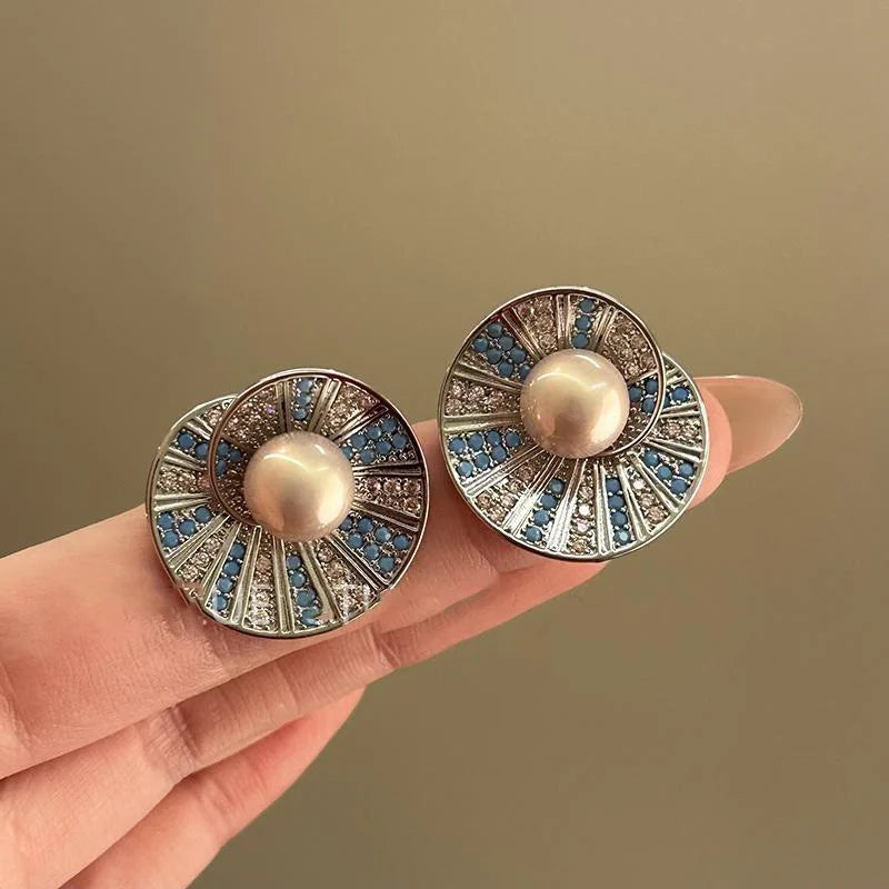 Light Luxury Crystal Flower Stud Earrings — Blue | KIMLUD