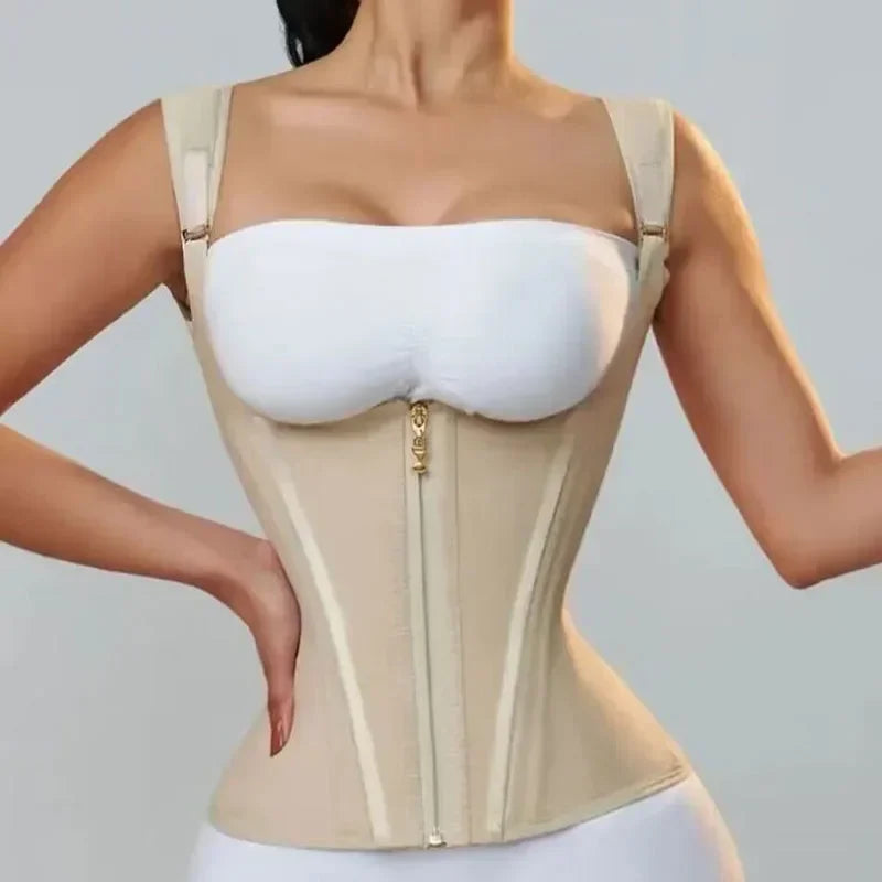 Colombian Fajas Double-Compression Body Shaper Vest Corset With Zipper And Hook-Eyes — Black | KIMLUD