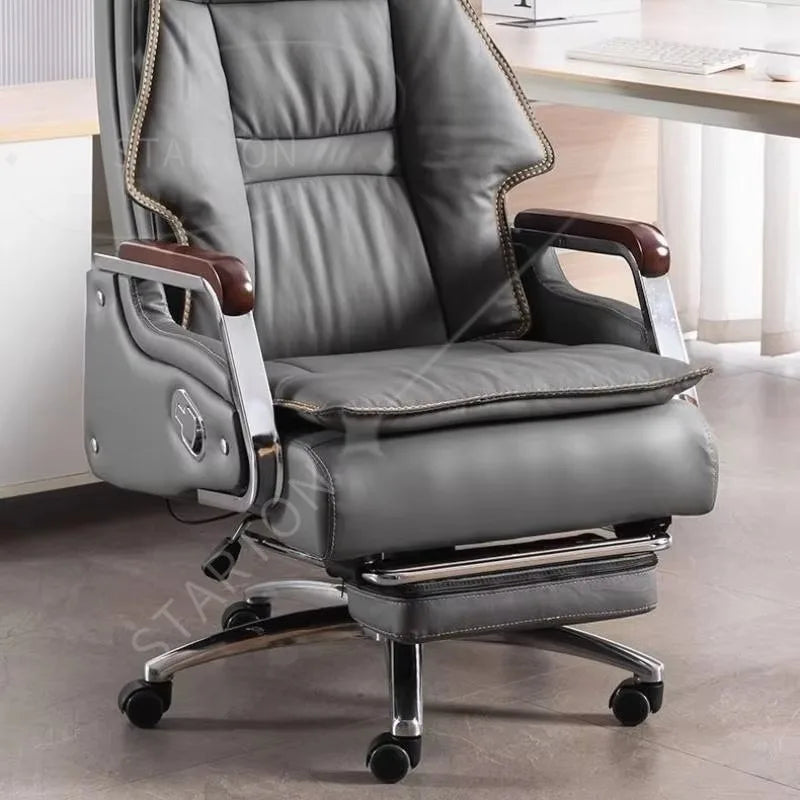Full-Grain Leather Office Chair Nordic Ergonomic Deluxe Swivel Recliner — Black | KIMLUD