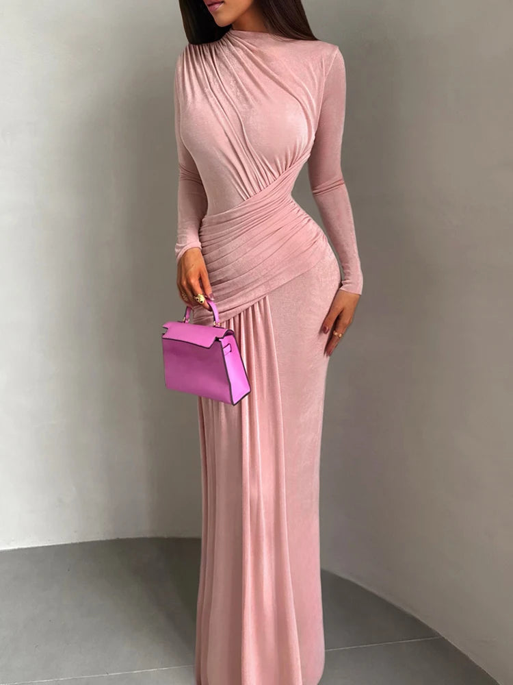 Kliou Ruched Elegant Long Dress Woman Autumn Trend o-Neck Full Sleeve Skinny Stretch Street Y2K Casual Style Classic Vestidos